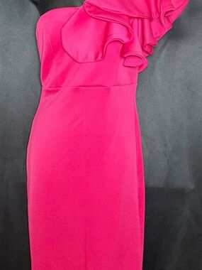chic One-Shoulder Ruffle Hot Pink Evening Gown